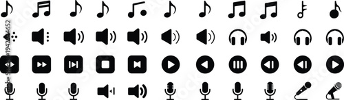 Black icons for music playback controls and audio symbols on white background Keywords: music, audio, icon, symbol, playback