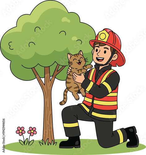 Firefighter kneeling with cat under tree rescue