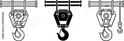 Industrial crane hook pulley system icons set with lifting hoist mechanism line and solid style illustrations for construction engineering, heavy machinery equipment isolated