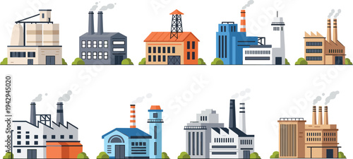 Industrial factory buildings collection with power plants, manufacturing facilities and smokestacks, modern industry infrastructure illustration set for energy production and heavy manufacturing 