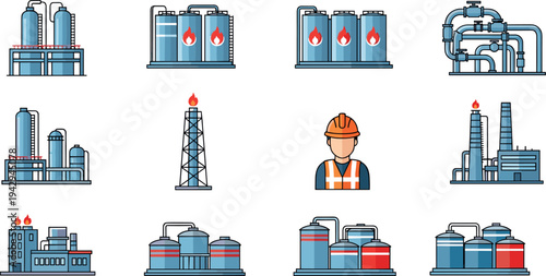Oil refinery and petrochemical industry icons set with storage tanks, pipelines, gas flare tower and engineer worker for energy production infrastructure illustration