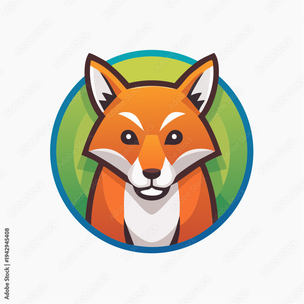 Obraz premium Vibrant orange fox head logo design illustration with a friendly and alert expression, set against a modern green circular background, perfect for branding applications and wildlife themes