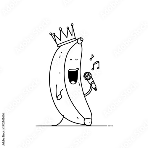 Singing banana cartoon character wearing crown holds microphone and sings with joyful musical notes around royalty free illustration