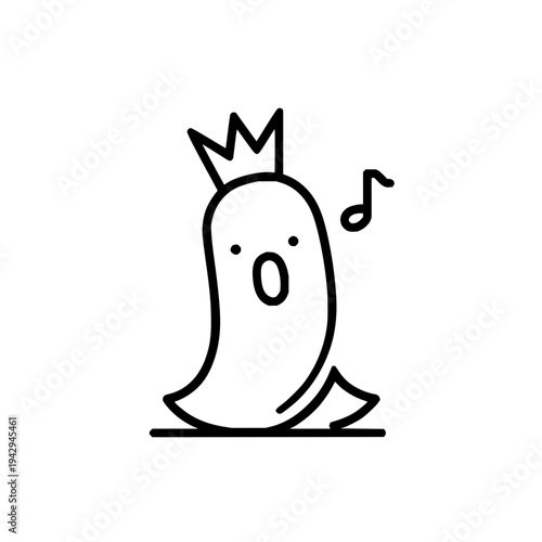 A cartoon ghost wearing a crown sings with a musical note expressing joy and royalty in a simple black line drawing