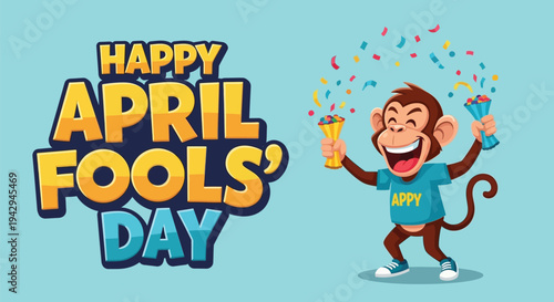 Happy april fools day greeting with funny cartoon monkey and confetti