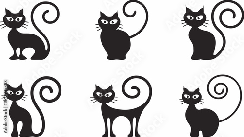 A set of six black cat silhouettes with curly tails and white eyes
