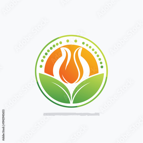 Abstract emblem featuring flourishing leaves and a radiant core, signifying renewable energy and natural harmony for a sustainable future