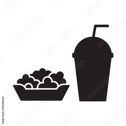 Simple black silhouette depicting popcorn and a drink with a straw