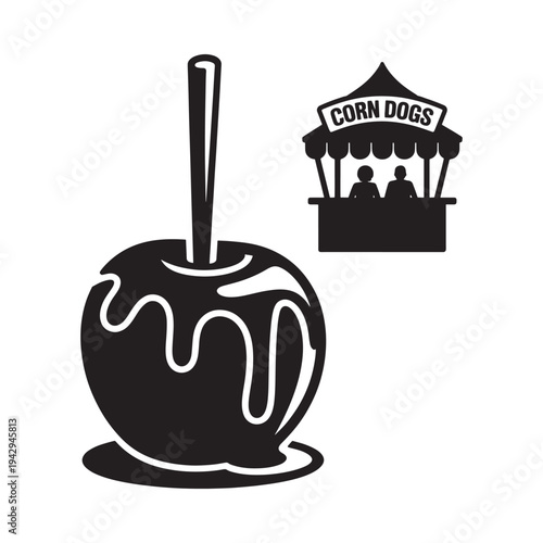 A caramel apple and corn dog stand icon in black and white