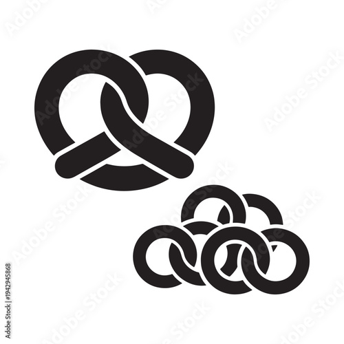 Simple black and white illustration of a pretzel and salt crystals