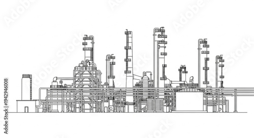 Industrial Facility Illustration with Pipes and Towers.