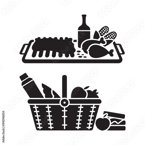 Black silhouette of a picnic basket and tray filled with food items