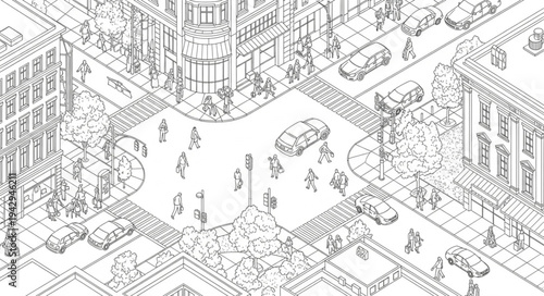 Isometric Cityscape Drawing with Buildings and People.