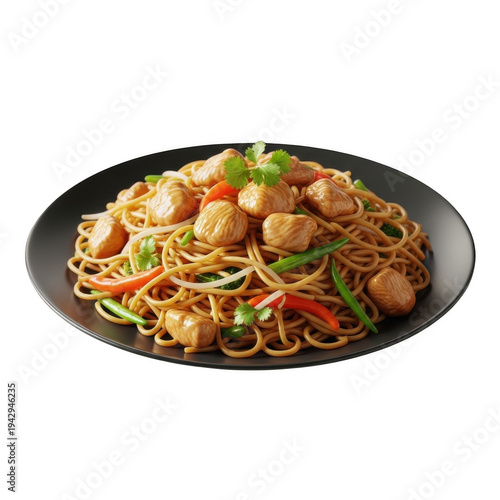 Delicious chicken noodles with vegetables on a black plate isolated on transparent background