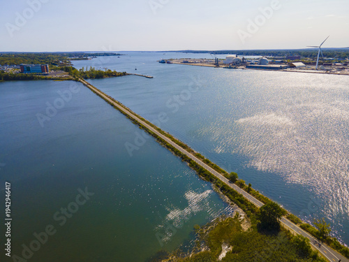 Watchemoket Cove and Bay Bike Path at Providence River aerial view near Narragansett Bay in East Providence, Rhode Island RI, USA. 