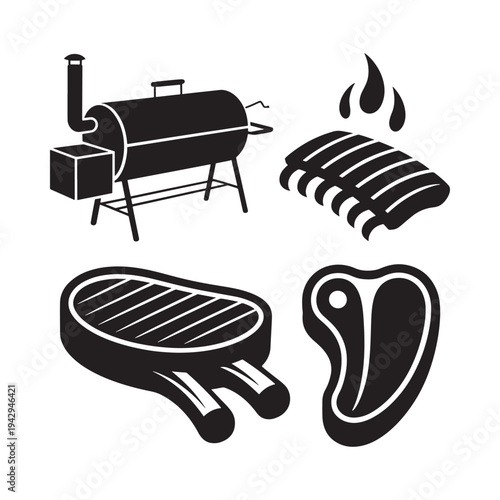 Black and white illustration of a smoker and various grilled meats