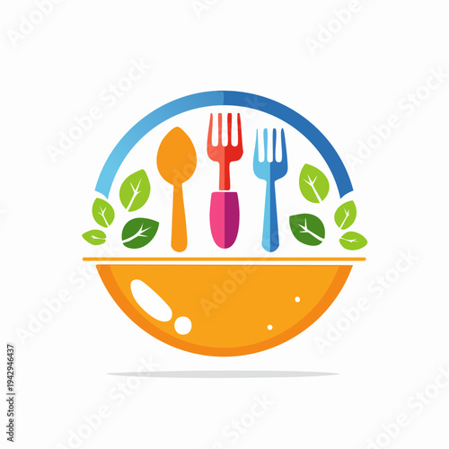 Modern emblem for healthy eating and cooking, showcasing cutlery, fresh ingredients, and a serving dish in a circular design