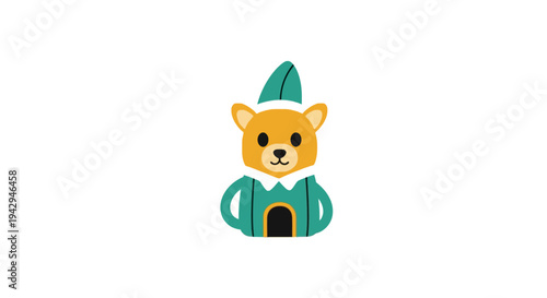 Cartoon bear wearing green elf costume.