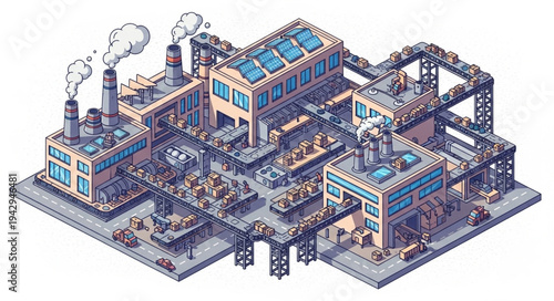 Industrial Facility with Buildings and Pipes.