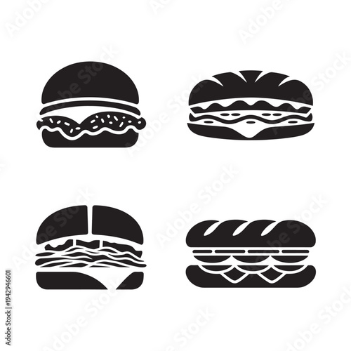 Four black silhouette icons depicting various hamburger and sandwich styles