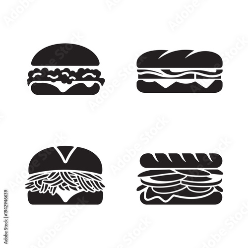 Black silhouette icons depicting various stacked sandwich and burger forms