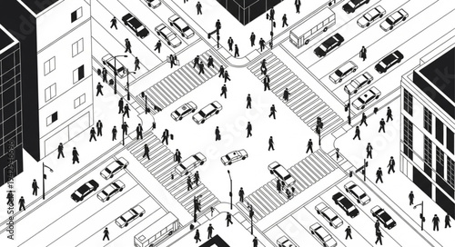 Busy City Intersection with Pedestrians and Vehicles.