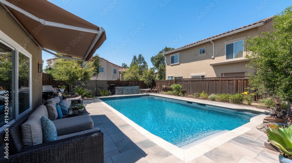 Fototapeta premium Backyard pool area with patio furniture and landscaping