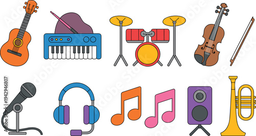 Collection of colorful musical instruments and audio equipment on white background Keywords: guitar, acoustic guitar, piano
