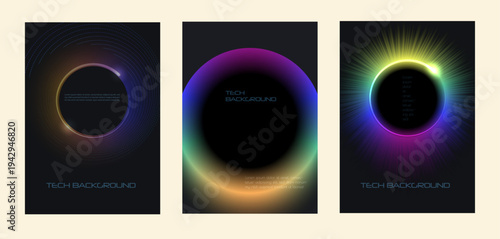 Vector poster set. Abstract futuristic neon glow with circles geometric shapes, vibrant gradient light and blend color effects. Holographic color on dark blue background