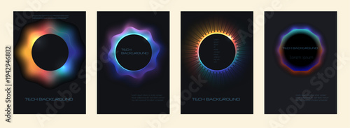 Vector poster set. Abstract futuristic neon glow with circles geometric shapes, vibrant gradient light and blend color effects. Holographic color on dark blue background