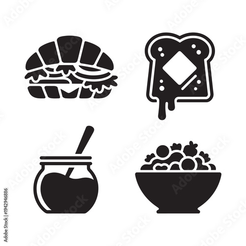 Breakfast food icons featuring a croissant toast jam and cereal
