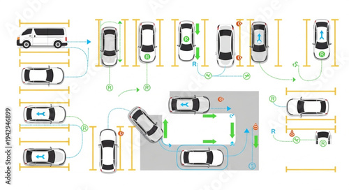 Aerial view of a parking lot with electric car charging stations.