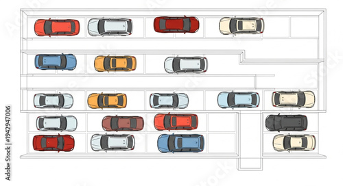 Aerial view of a busy parking lot filled with cars.