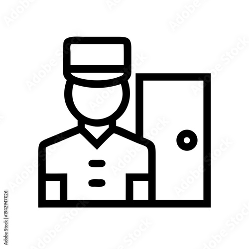 Uniformed person standing next to an open doorway with a doorknob isolated on white background, Vector