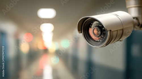Security camera monitoring hallway in modern building with blurred lights creating bokeh effect showcasing surveillance technology for safety and protection