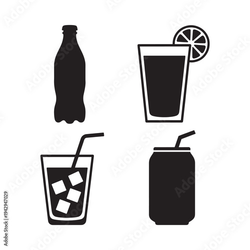 Black and white illustration of various beverage containers and a citrus slice