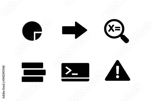 Collection of six simple black icons representing data, progress, search, lists, code, and alerts