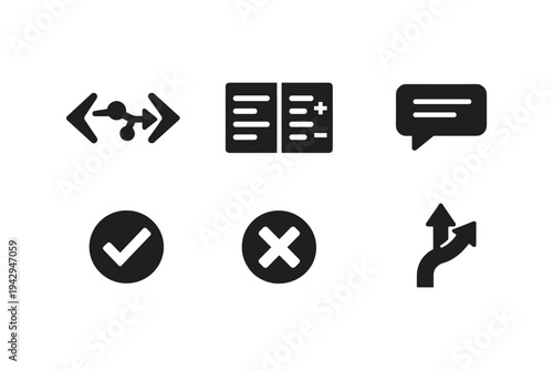 Collection of six modern minimalist icons representing common digital actions and concepts