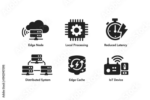 Set of icons representing edge computing concepts like distributed systems and IoT devices