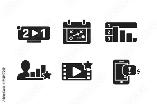 Set of icons representing business strategy, analytics, and communication concepts