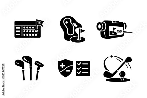 Collection of golf icons representing scoring, course, equipment, and technology