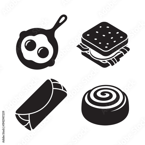 Breakfast and snack food icons eggs sandwich burrito and roll