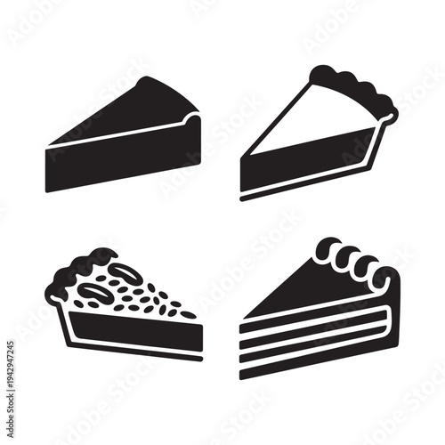 Four black silhouette icons depicting different types of pie slices