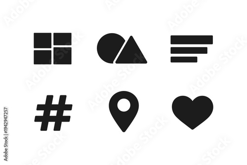Collection of social media icons including grid, shapes, hashtags, location, and heart