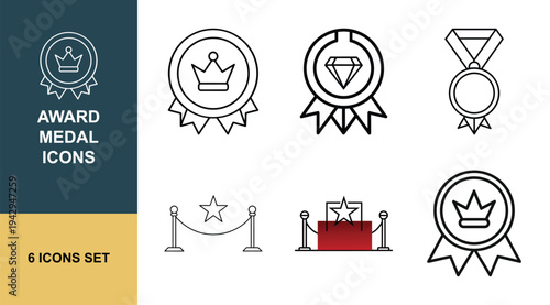 Award and Medal Outline Icon Set with Badge, Rosette, Ribbon, Red Carpet and Achievement Symbols