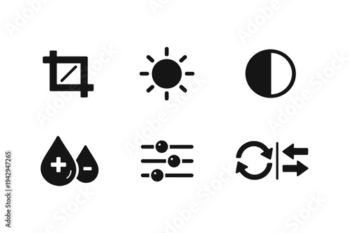 Collection of six simple black icons representing photo editing tools and adjustments