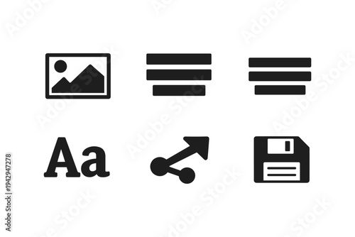 Collection of six simple black icons representing common digital functions on a white background