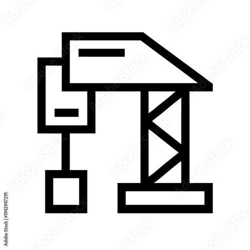 Line drawing of a classic crane with an extended arm and hook isolated on white background, Vector