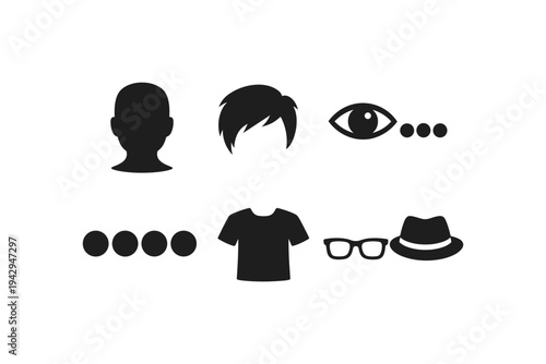 Collection of simple black icons representing human features and clothing items