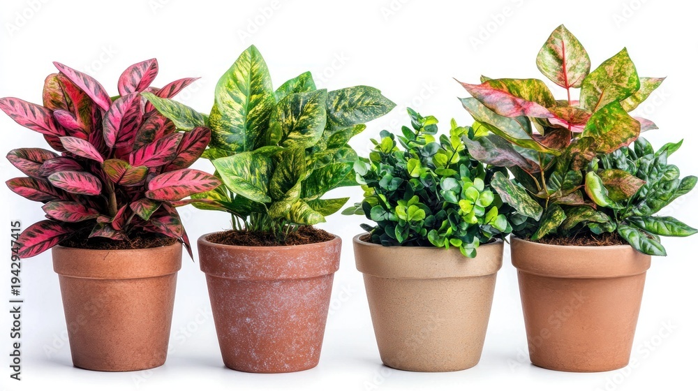 Fototapeta premium Four potted plants in terracotta pots